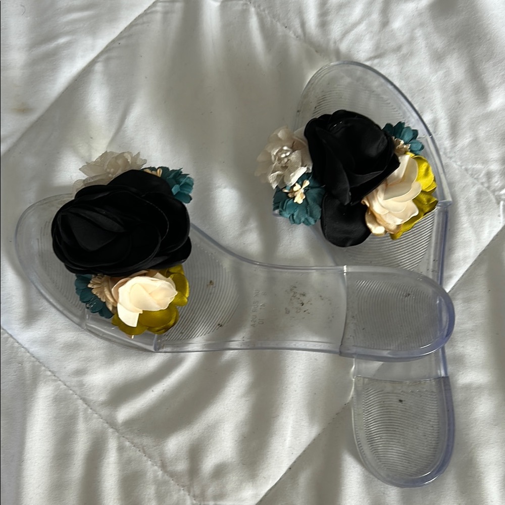 Floral Embellished Women's Slide Sandals - Black, Cream, Yellow